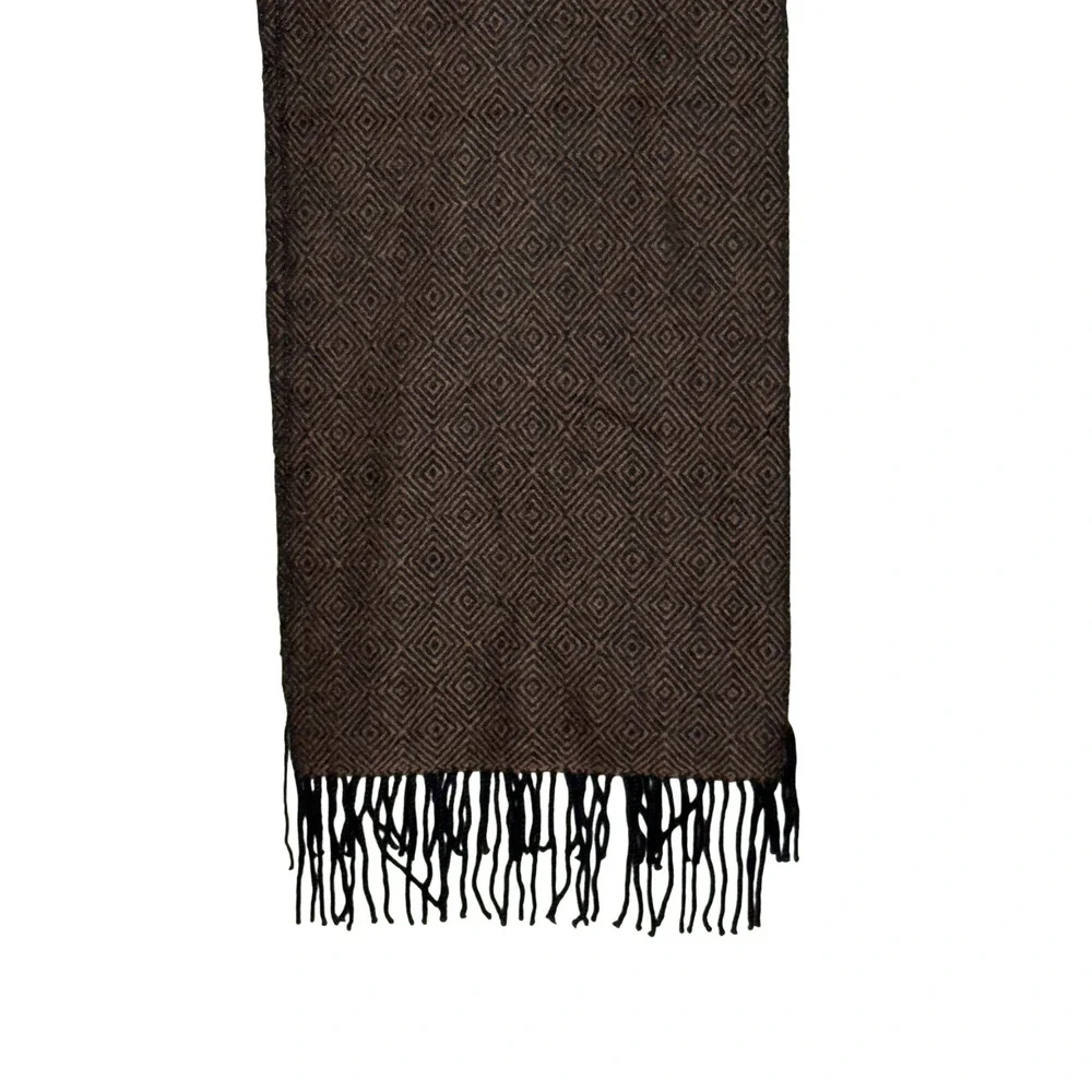Brown Black Geometric Lambswool Scarf 60 x 11.5 Fringe Diamond Pattern